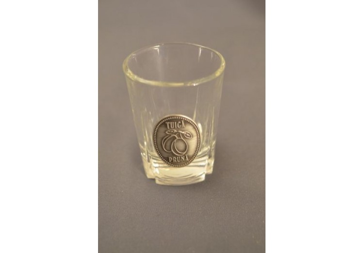 Păhărel pentru alcool rotund cu plăcuţă metalică Ţuică
